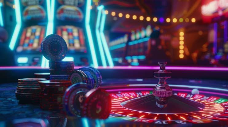Antarmuka permainan Mega Wheel dengan segmen berwarna dan tombol putar